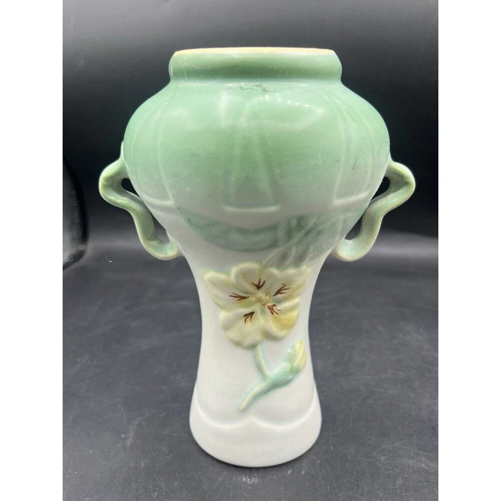 Vintage Weller Panella Double Handle Pansy Art Pottery Vase Green 6.5” USA